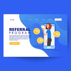 Wall Mural - refer a friend concept vector illustration with woman speaking through megaphone,