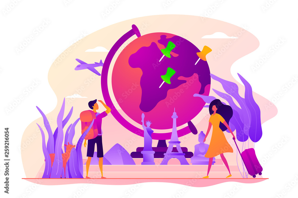 Traveling the world, worldwide adventure, around the world trip concept. Colorful vector isolated concept illustration with tiny people and floral organic elements. Hero image for website. - obrazy, fototapety, plakaty 