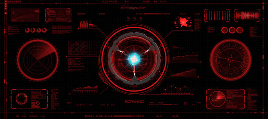 Wall Mural - Head-Up Interface set in HUD style, Futuristic elements of red color (space, dashboard, hologram, spaceship, medicine, finance) Hud vector set