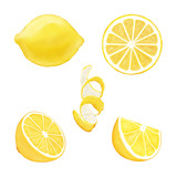 Fototapeta Konie - Set of juicy yellow whole lemon and slices of lemon isolated on a white background. Hand drawn watercolor elements for your design. 