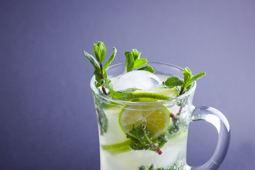 Mojito on a black background. Mojito cocktail with lime and fresh mint on a slate board. Summer refreshing cocktail with citrus on a dark background. Copy space