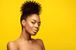African American Fashion Model profile portrait . Brunette young woman with afro hair style,creative yellow make up, lips and eyeshadows on colorful background