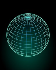 Wireframe globe model in green and blue design, green glow on black background. 3d space illusion. Vector design element.