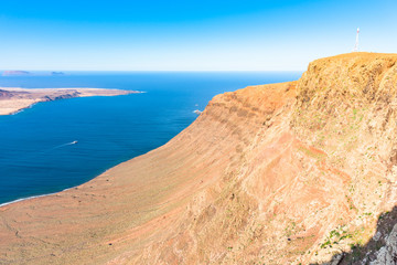 Wall Mural - Unique panoramic magnificent aerial view of volcanic islands La Graciosa north cape, Allegranza in Atlantic ocean, Mirador del Rio, Lanzarote, Canary Islands, Spain. Travel concept.