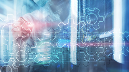 Wall Mural - double exposure gears mechanism on blurred background. business and industrial process automation co