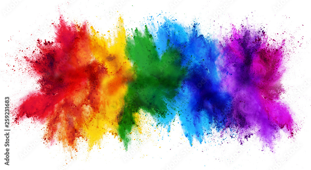 colorful rainbow holi paint color powder explosion isolated white wide panorama background - obrazy, fototapety, plakaty 