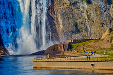 QUEBEC, CANADA - September 16, 2018: The Montmorency Falls Is A Waterfall On The Montmorency River In Quebec, Canada. The Many Tourists That Visit There Are Treated To Many Ways To See The Falls