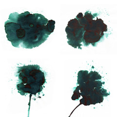 Abstract fountain pen ink spot with droplets, smudges, stains, splashes, sheen. deep pine green color blots, to design and decor, banners, cards