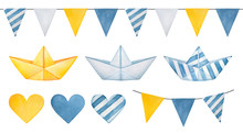 Large Illustration Collection Of Pennant Banner Garland, Cute Paper Boats, Various Hearts And Triangle Flags. Hand Drawn Water Color Graphic Drawing On White Background, Clipart For Design Decoration.