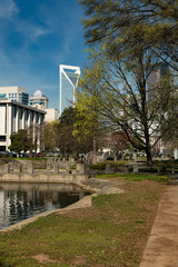 Wall Mural - Charlotte, North Carolina skyline cityscape on a spring day with copy space