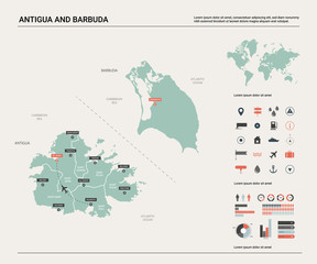  Vector map of Antigua and Barbuda.  High detailed country map with division, cities and capital. Political map,  world map, infographic elements.