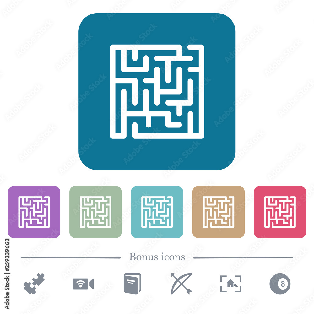 Labyrinth flat icons on color rounded square backgrounds
