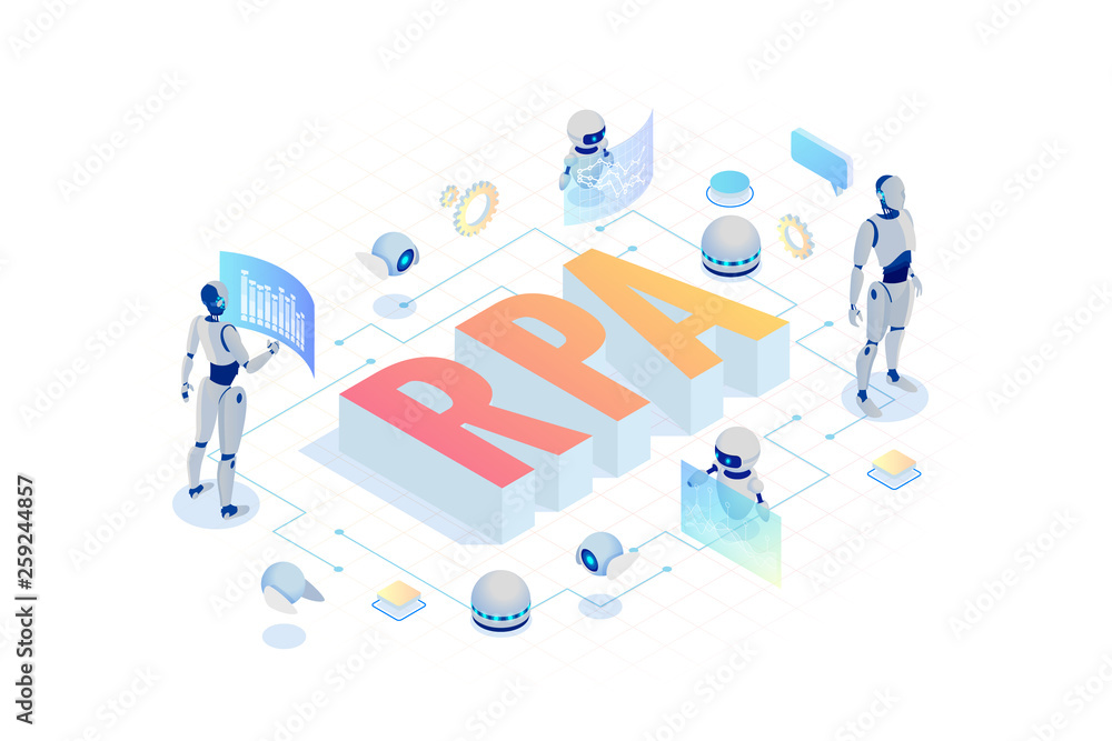 Isometric concept of RPA, artificial intelligence, robotics process ...