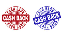 Grunge CASH BACK Round Stamp Seals Isolated On A White Background. Round Seals With Grunge Texture In Red And Blue Colors. Vector Rubber Watermark Of CASH BACK Title Inside Circle Form With Stripes.