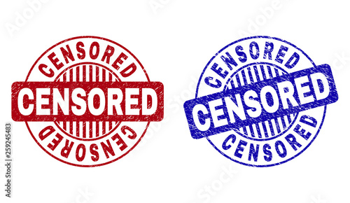 Grunge Censored Round Stamp Seals Isolated On A White Background Round Seals With Grunge Texture In Red And Blue Colors Vector Rubber Imprint Of Censored Title Inside Circle Form With Stripes Stock