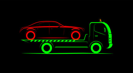 tow truck with full loading simple side view schematic image on black background