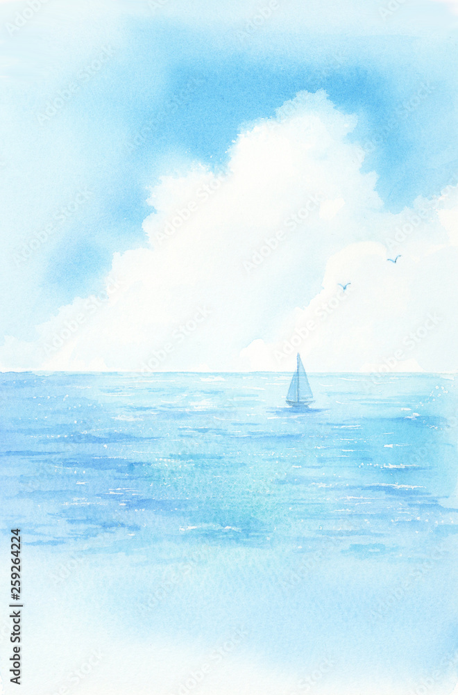 * antique picture ❀ * 海原に浮かぶヨット 水彩画 antique picture ❀ * 海原に浮かぶヨット 水彩画