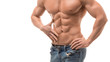 © Stavros - Male torso with perfect abs. Man in blue jeans touching his abs isolated on white.