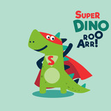 Fototapeta Dinusie - Funny dinosaur in superhero costume. Super Dino. Cartoon superhero standing with cape waving in the wind