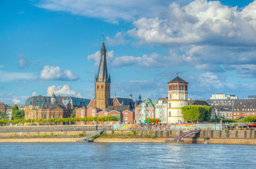 Wall Mural - Riverside of Rhein in Dusseldorf with Saint Lambertus church, Germany