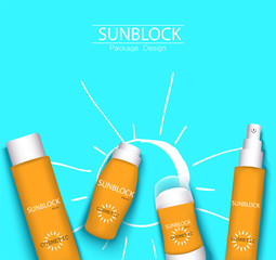 Wall Mural - top view sunplock sun protection cream and spray realistic ads 3d cosmetic package with hand draw doodle element.