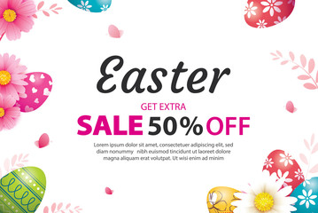 Wall Mural - easter sale banner design template with colorful eggs and flowers. use for advertising, flyers, post