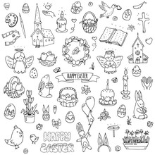 Hand Drawn Doodle Happy Easter Icons Set Vector Illustration Sketchy  Traditional Symbols Collection Cartoon Celebration Concept Elements Eggs, Bunny, Willow Twigs, Basket, Candles, Christian Church