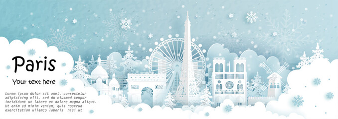 Wall Mural - Panorama postcard and travel poster of world famous landmarks of Paris, France in winter season in paper cut style vector illustration