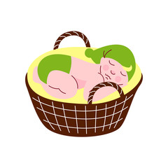 Sticker - Adorable Newborn Baby in Green Gnome Cap and Diaper Sleeping in Wicker Basket Vector Illustration