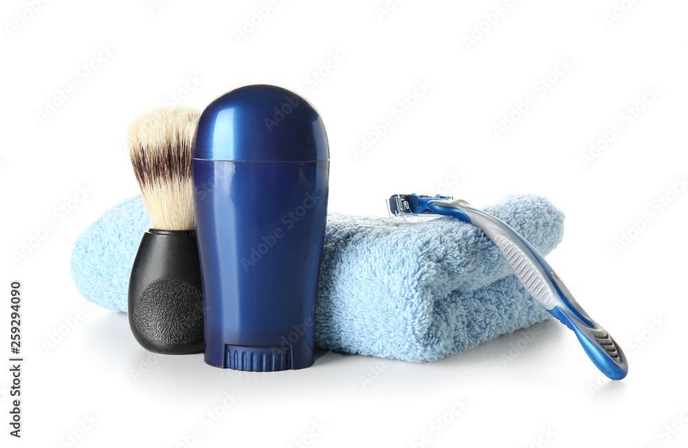 Set of male shaving accessories on white background