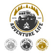Adventure logo, forest and off road car, outdoor life