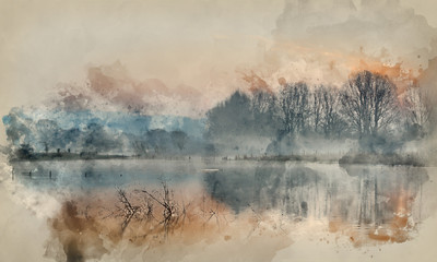 Wall Mural - Watercolour painting of Landscape of lake in mist with sun glow at sunrise