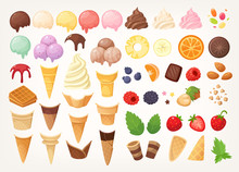 Elements To Create Your Own Ice Cream. Ice Cones, Cups, Scoops And Toppings. Isolated Vector Images
