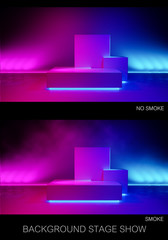 Wall Mural - Empty  stage with smoke and  purple neon  light ,abstract  background,ultraviolet  concept,3d render,clipping path