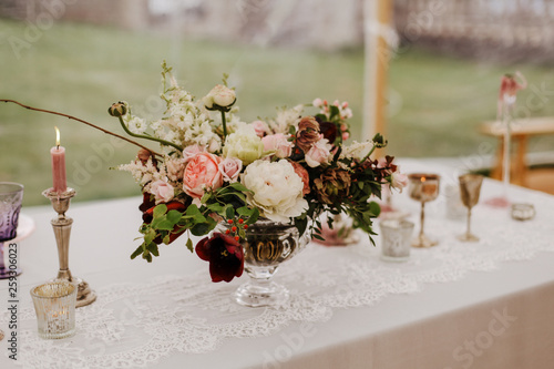 Burgundy Pink And White Flowers Centerpiece White Lace Table