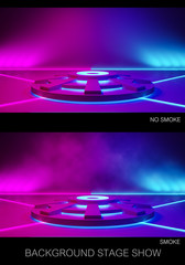 Wall Mural - Empty Circle stage with smoke and  purple neon  light ,abstract  background,ultraviolet  concept,3d render,clipping path