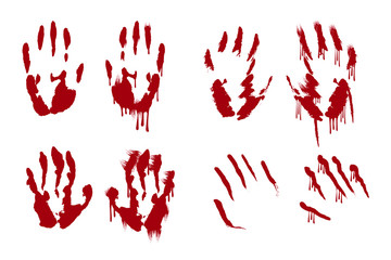 Fototapeta set of red bloody hand print splatter background. scary dirty blood handprint. horror vector illustration.