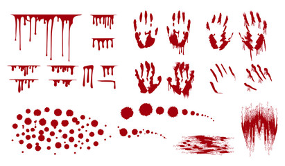 Fototapeta blood splatter, bleed stains and handprint. horror dirty bloody drop leak.  vector isolated illustration.