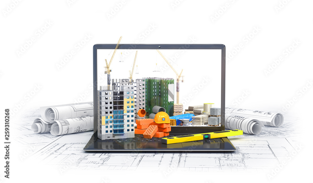 Drawn Building Computer Construction site on the screen of a laptop computer, skyscraper ...