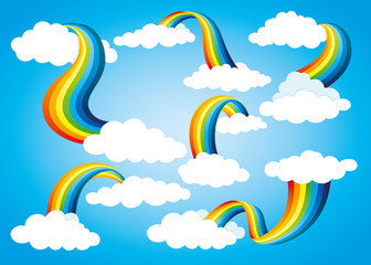 Wall Mural - Rainbow icon set with clouds on blue background.