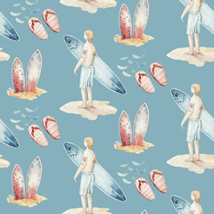 Watercolor style seamless surfing pattern of surf man and woman surfers silhouettes with surfboard wave background. Ocean surfing summer design