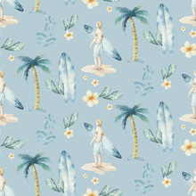 Watercolor Style Seamless Surfing Pattern Of Surf Man And Woman Surfers Silhouettes With Surfboard Wave Background. Ocean Surfing Summer Design