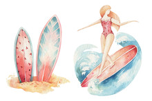 Watercolor Ocean Surf Beach, Adventure, Surfers , Fun Holiday Activity, Tropical Travel Illustration. Island Summer, Retro Car And Surfboard.