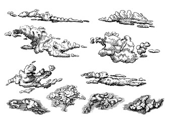 clouds set, hand drawn in engraving style. vector graphic illustration of cloudy sky.