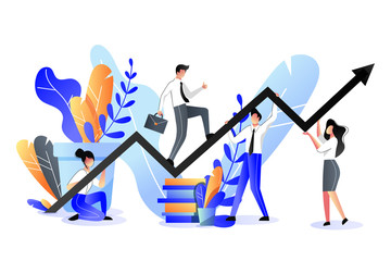 Business support and partnership concept. Vector trendy flat illustration. Businessman climbs on the growth graph