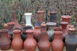 Clay jugs of white and brown, handmade, Plios, Russia
