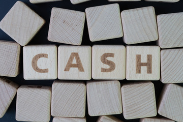 Wall Mural - Cash, money or wealth asset to pay for anything concept, cube wooden block with alphabet building the word CASH at the center on dark blackboard background