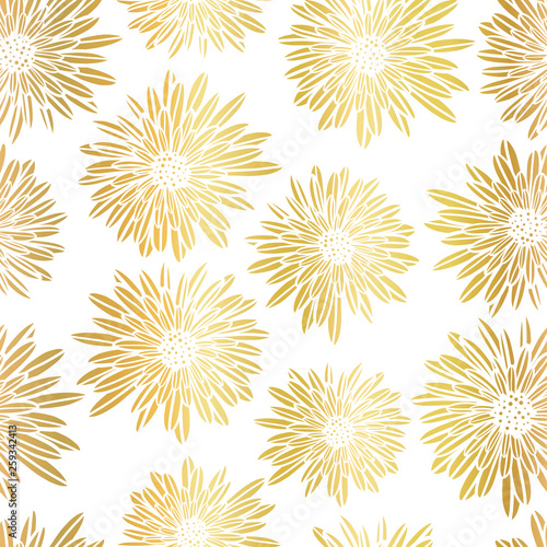 Gold Foil Aster Dahlia Flowers Elegant Seamless Vector Pattern