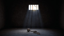 Ball And Chain For Prisoner In Jail With Broken Prison Bars, Prison Escape Or Jailbreak Concept