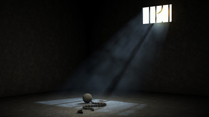 ball and chain for prisoner in jail with broken prison bars, prison escape or jailbreak concept